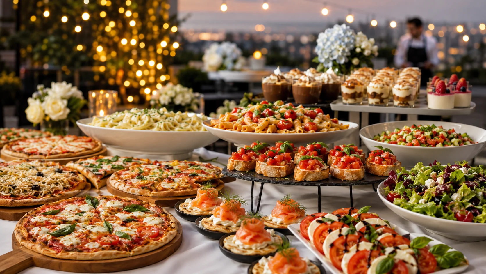 Kosher catering spread with grazing display, salads, appetizers and desserts at a Los Angeles event