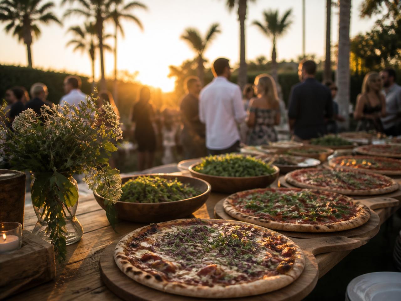 Catered Los Angeles event table with pizzas, appetizers, salads and desserts at golden hour
