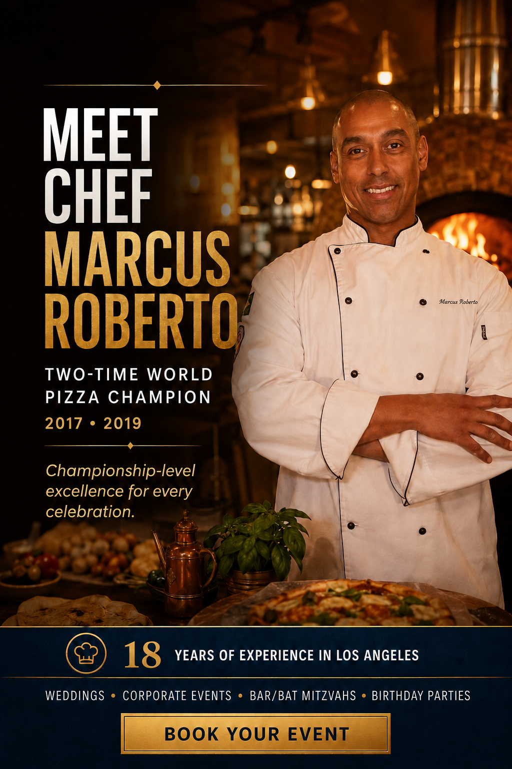 Chef Marcus Roberto, two-time world pizza champion, plating a pizza for a Los Angeles catering event