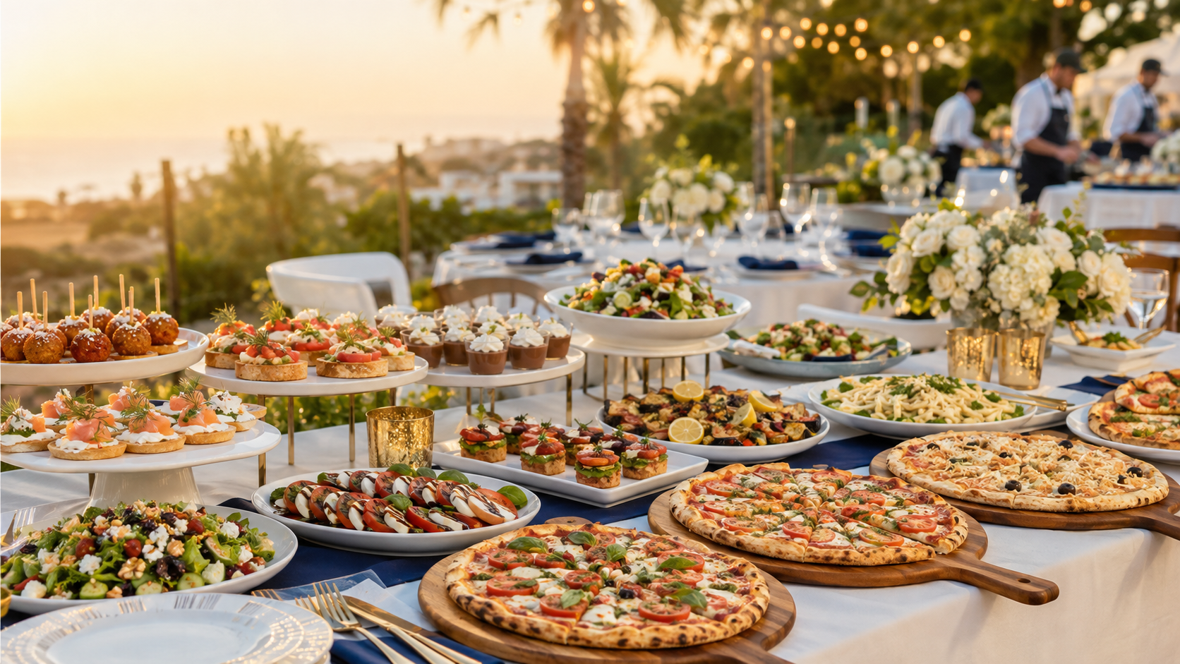 Catered Los Angeles event table with pizzas, appetizers, salads and desserts at golden hour